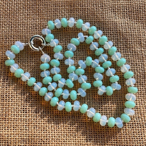 Mint Rondelle Glass & Opal Stone Beads Necklace Knotted Handmade New - Picture 4 of 10